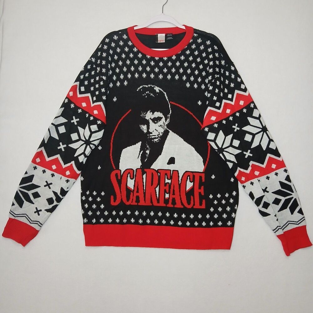 Scarface Ugly Christmas Sweater Tony Montana Red Black Comfy Winter #1082